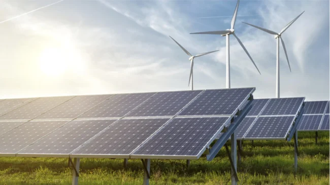 Solarpark mit 3 Windrädern im Hintergrund