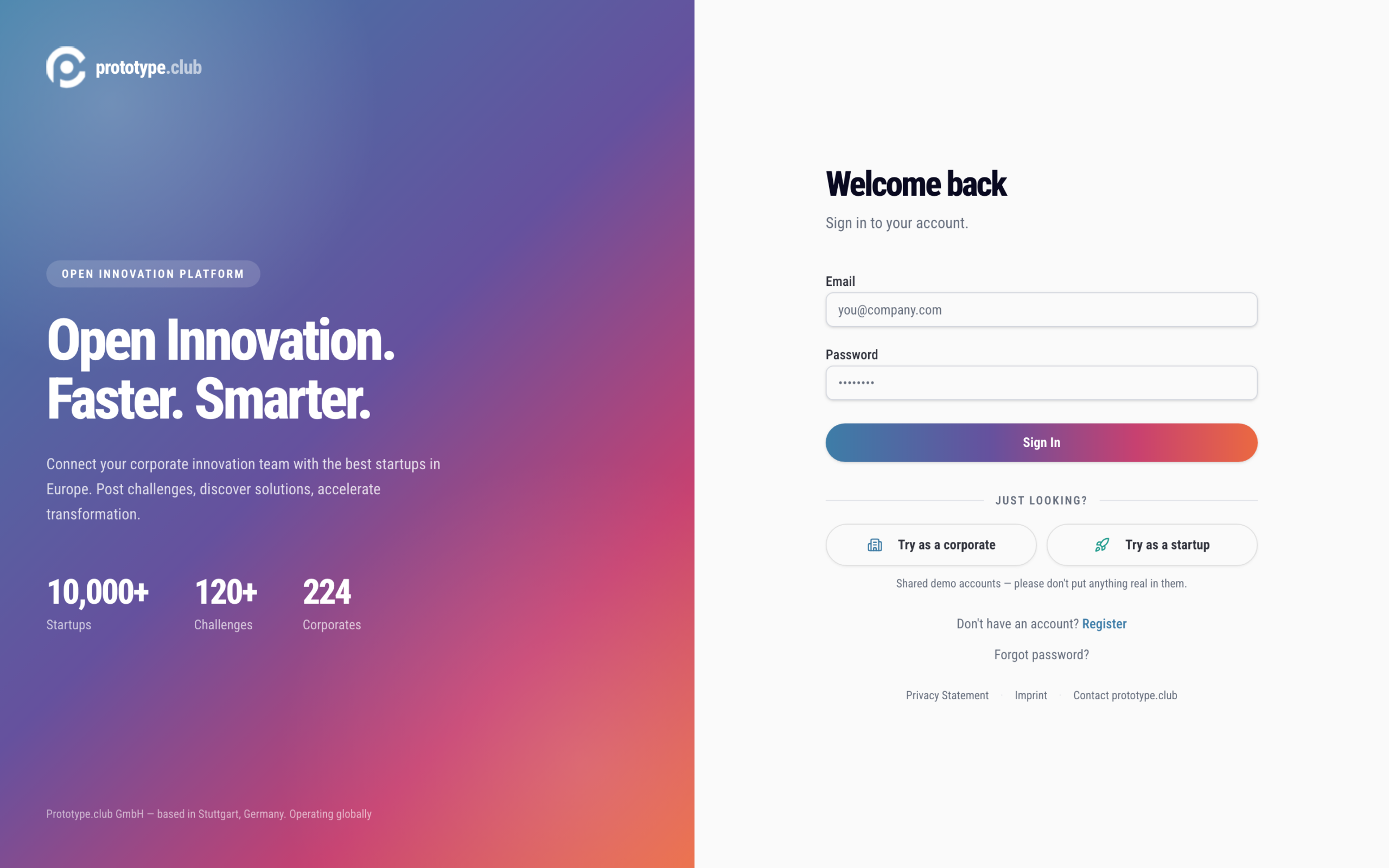 The prototype.club Open Innovation Platform sign-in screen